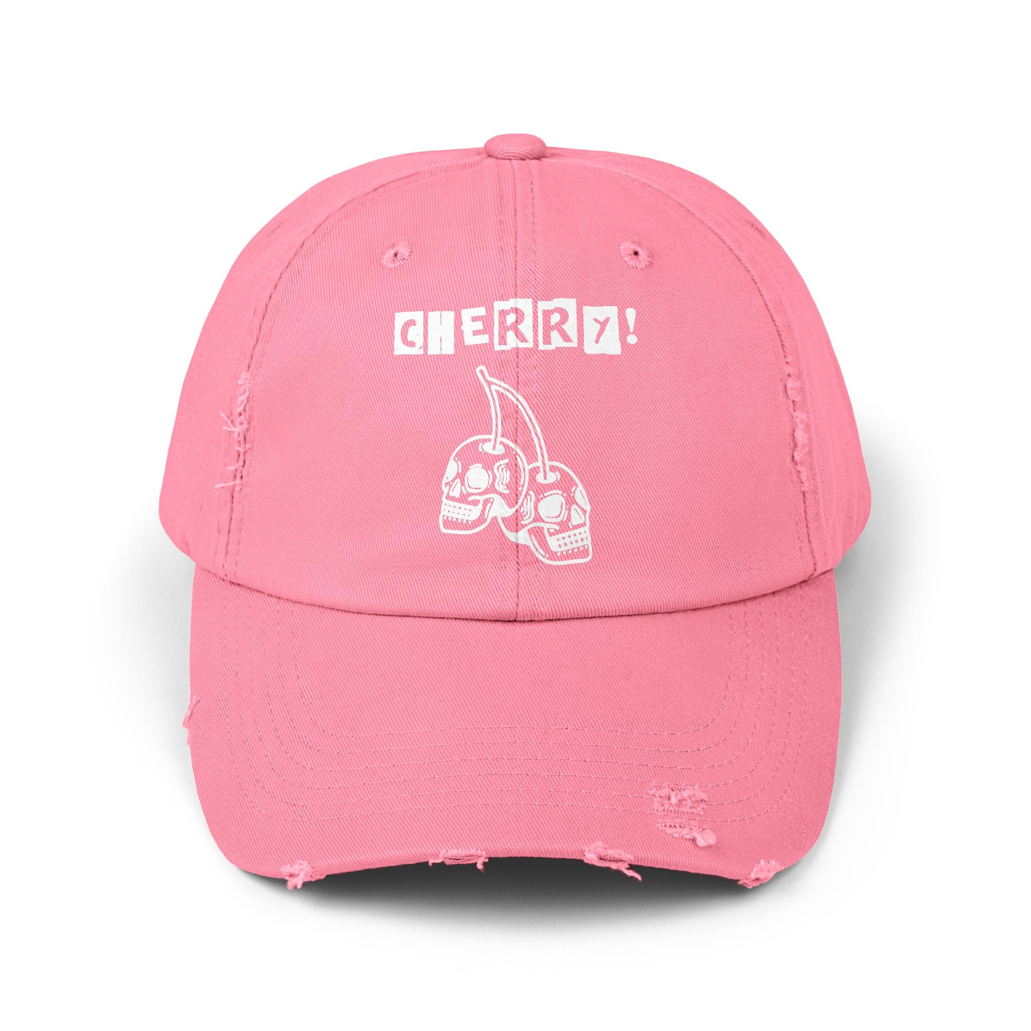 Distressed CHERRY! Skull Cap — Retro Grunge Dad Hat with "CHERRY!" Graphic