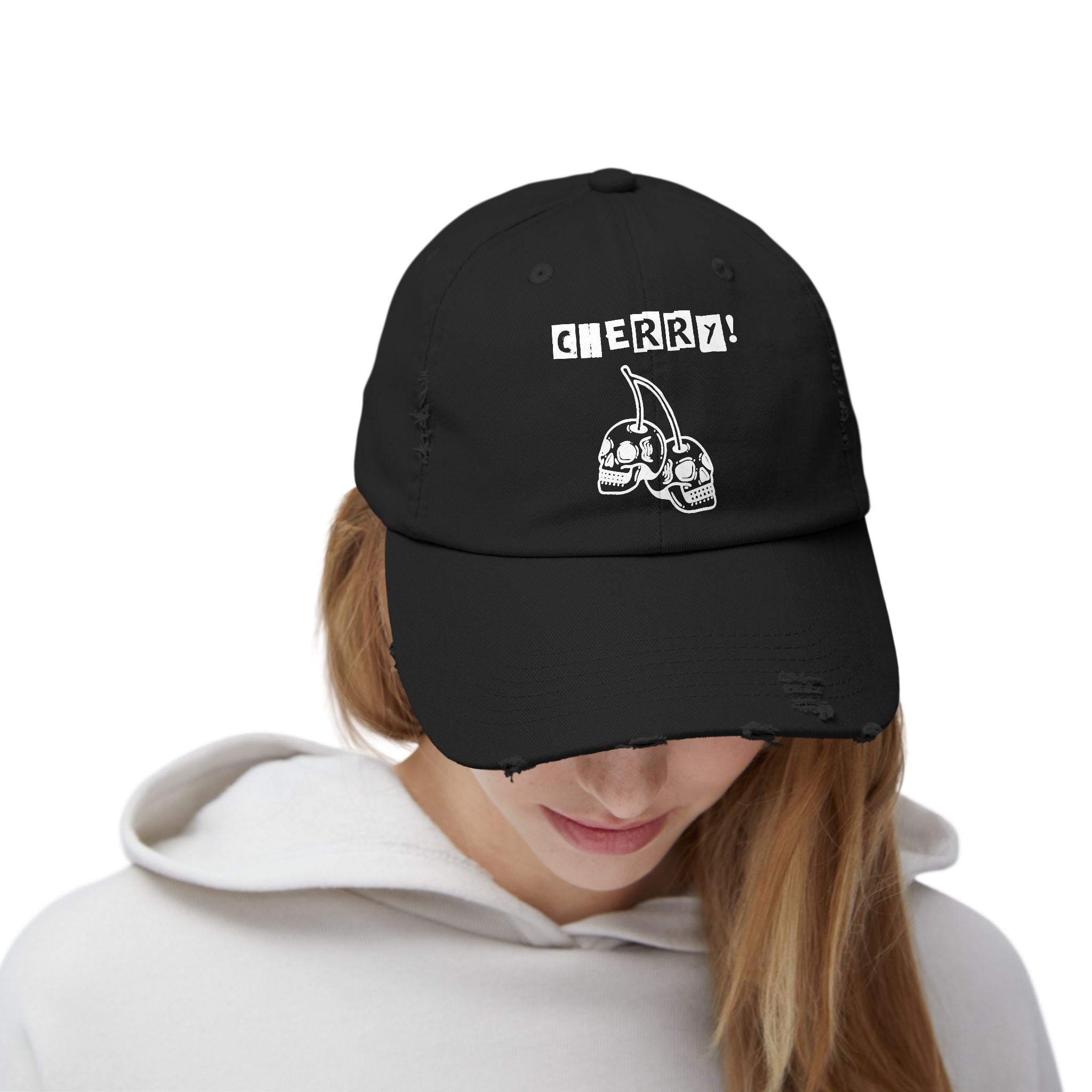 Distressed CHERRY! Skull Cap — Retro Grunge Dad Hat with "CHERRY!" Graphic