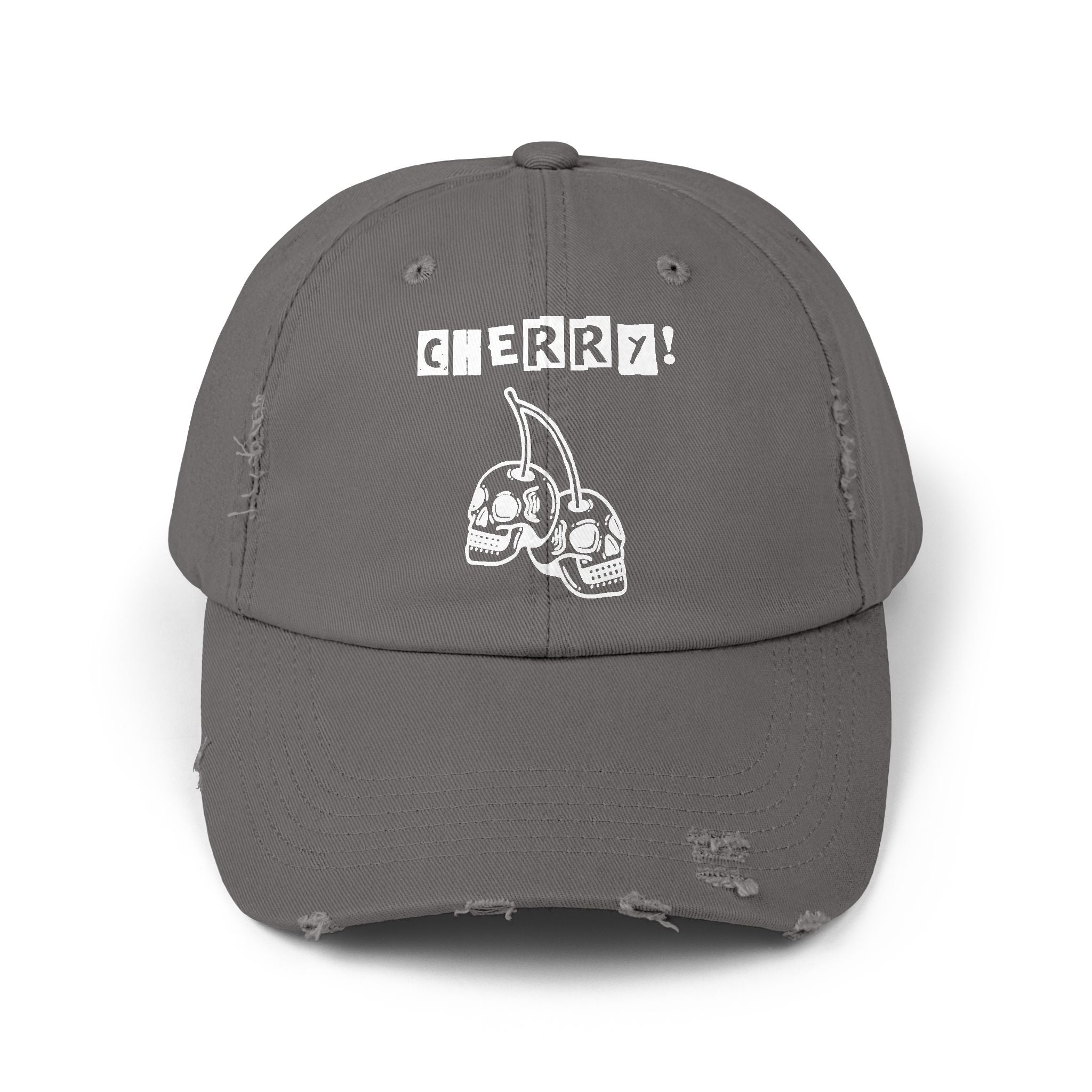 Distressed CHERRY! Skull Cap — Retro Grunge Dad Hat with "CHERRY!" Graphic