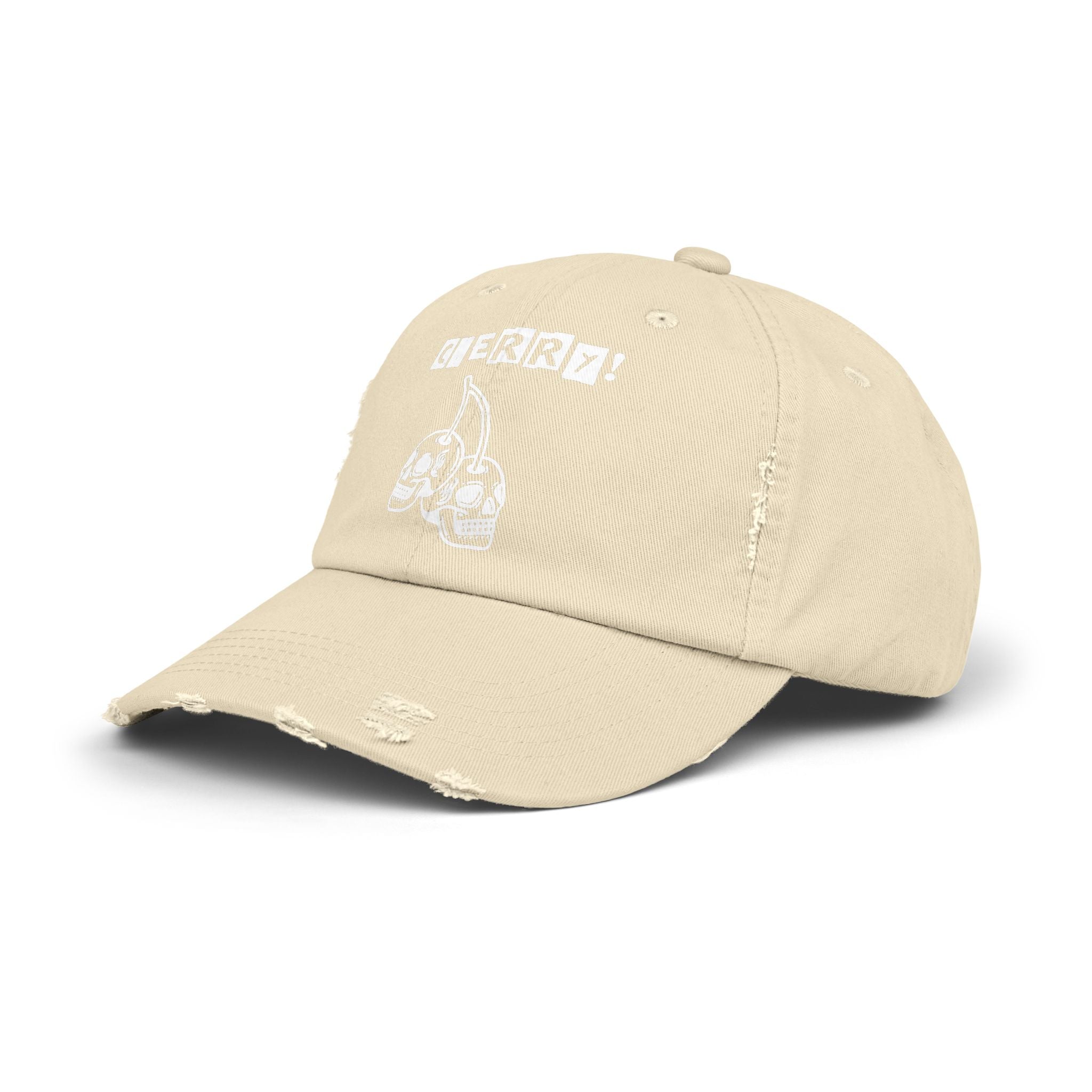Distressed CHERRY! Skull Cap — Retro Grunge Dad Hat with "CHERRY!" Graphic