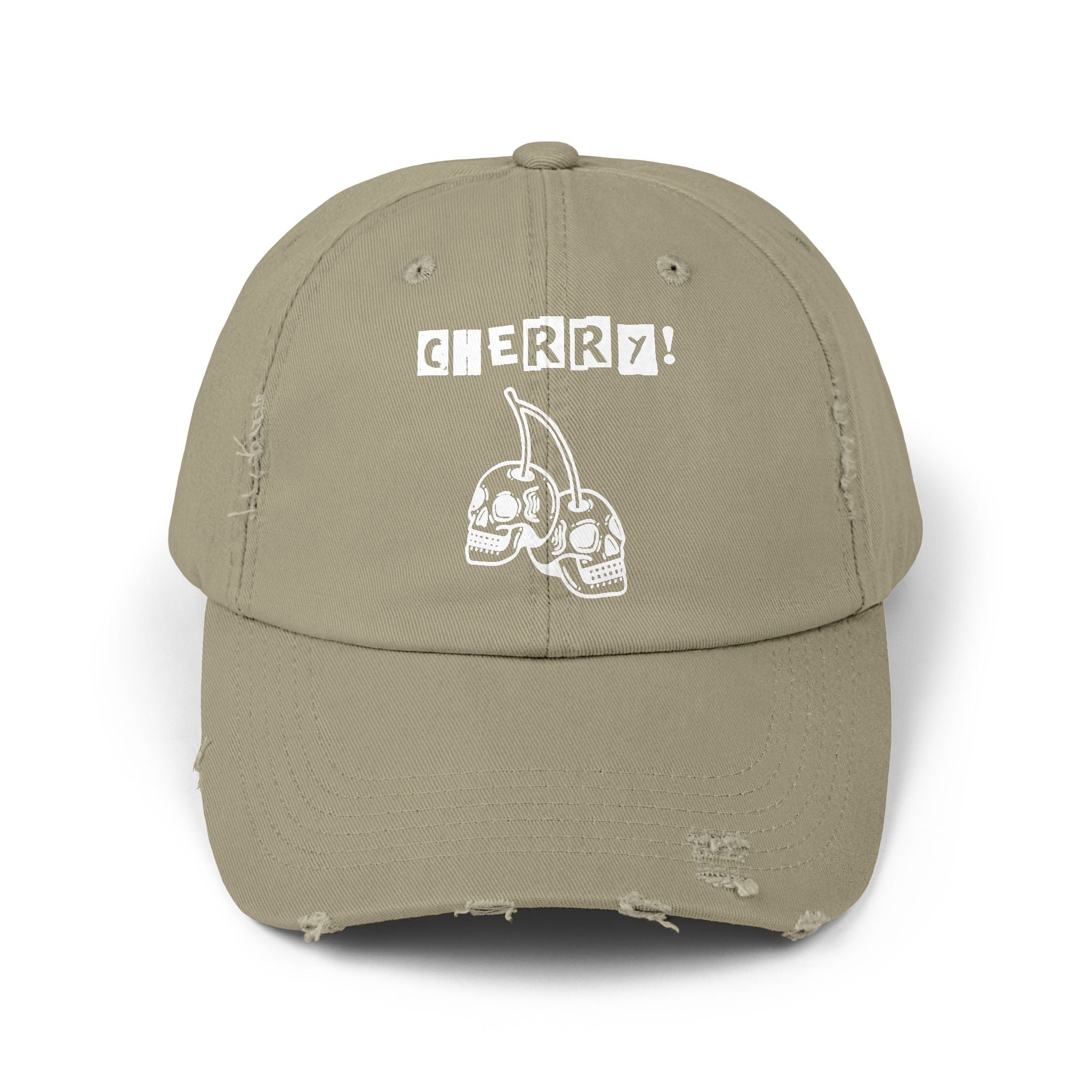 Distressed CHERRY! Skull Cap — Retro Grunge Dad Hat with "CHERRY!" Graphic