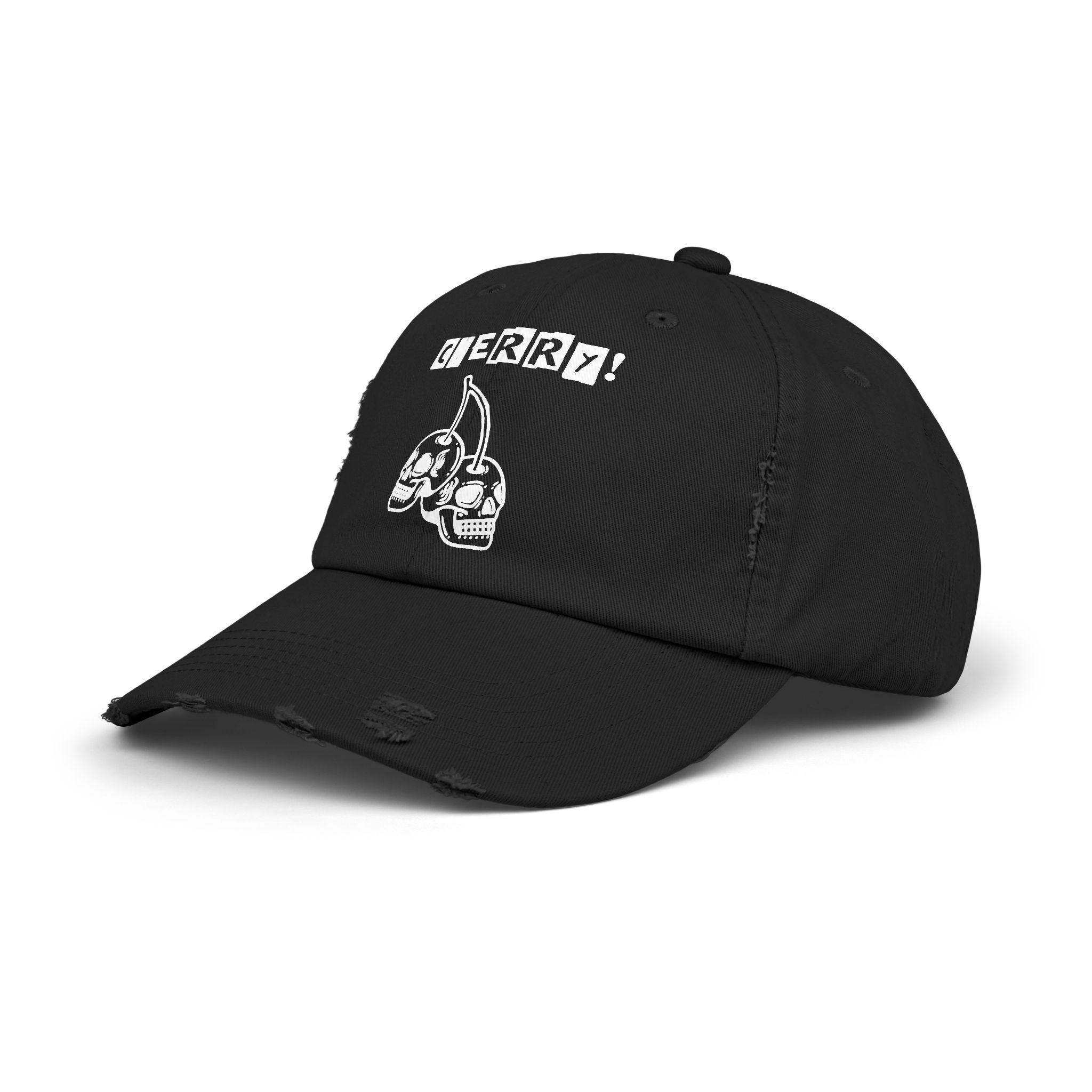 Distressed CHERRY! Skull Cap — Retro Grunge Dad Hat with "CHERRY!" Graphic