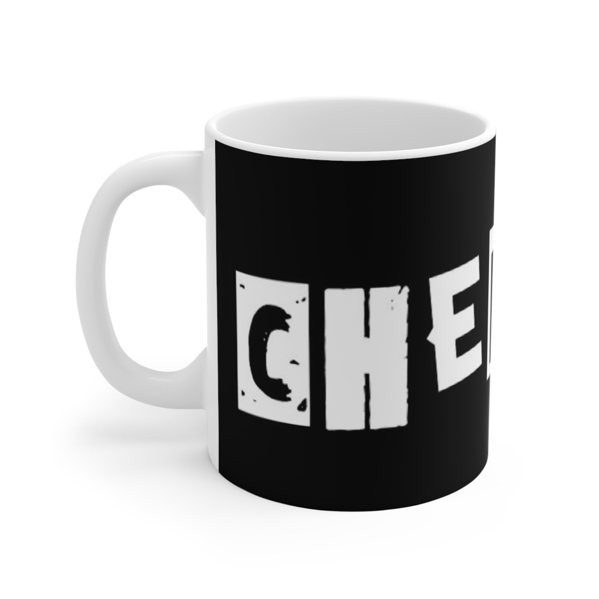 CHERRY! Mug — Black 11oz Coffee Cup with Block Letter Design
