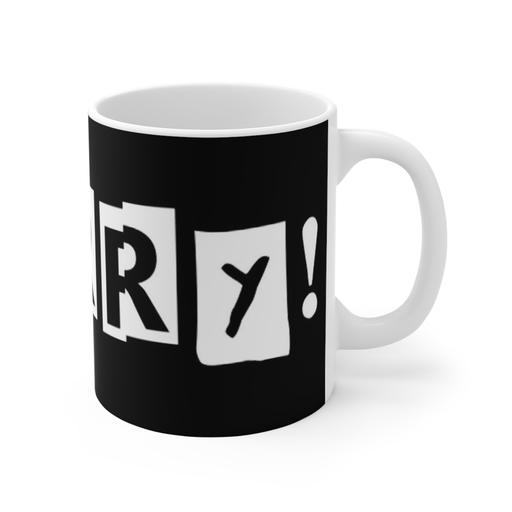 CHERRY! Mug — Black 11oz Coffee Cup with Block Letter Design