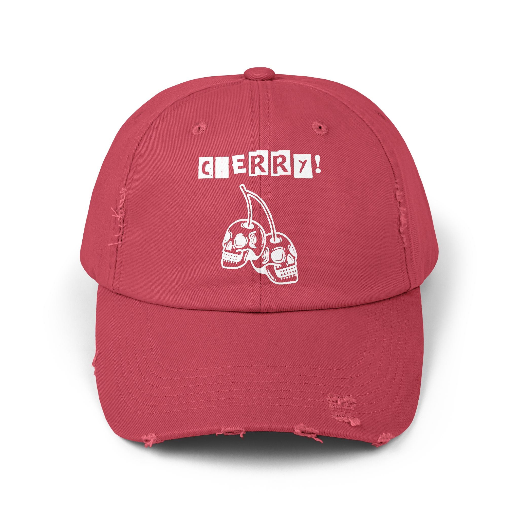 Distressed CHERRY! Skull Cap — Retro Grunge Dad Hat with "CHERRY!" Graphic