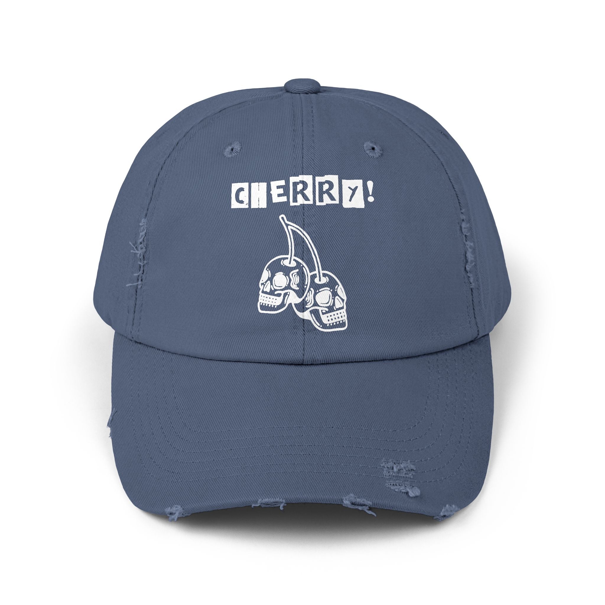 Distressed CHERRY! Skull Cap — Retro Grunge Dad Hat with "CHERRY!" Graphic