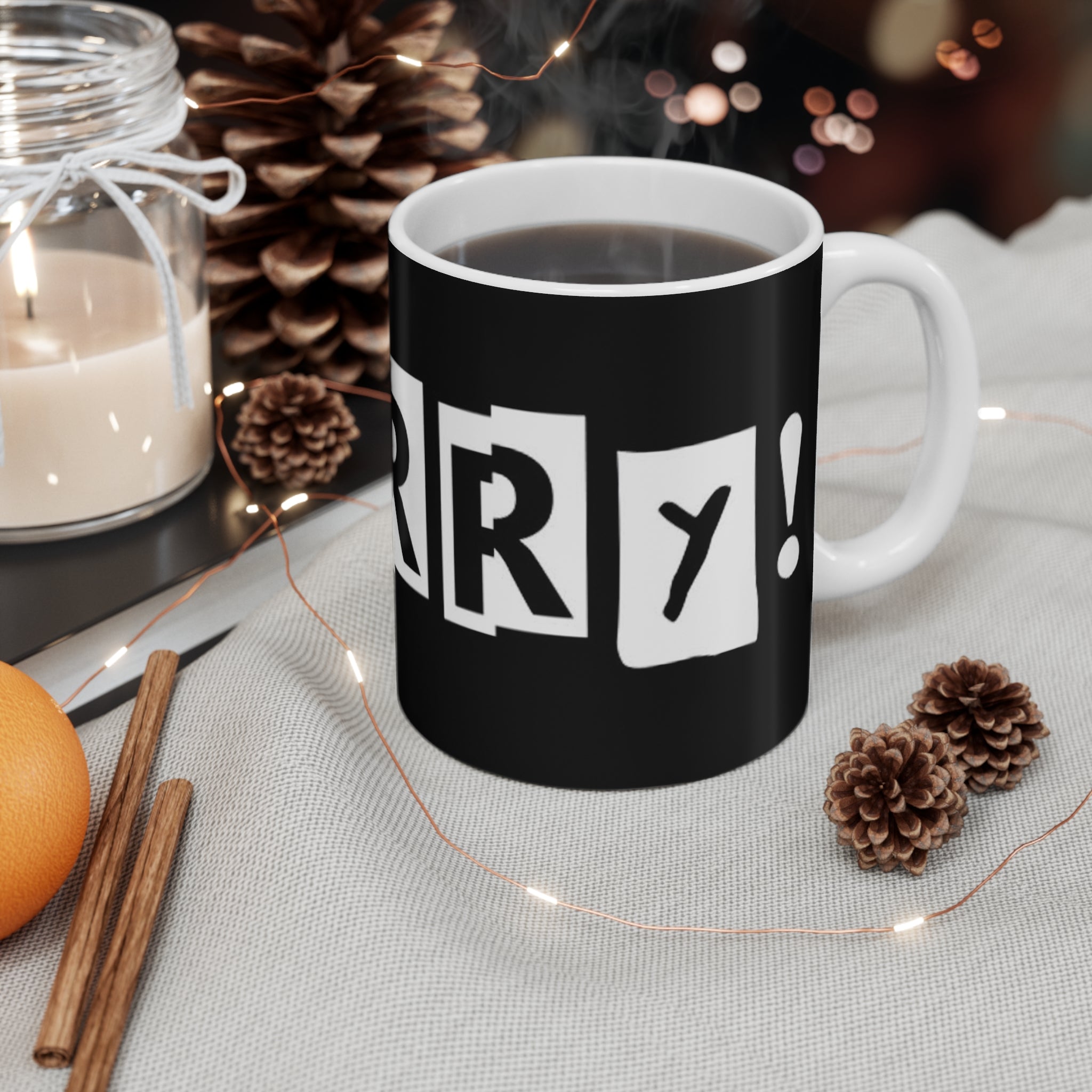 CHERRY! Mug — Black 11oz Coffee Cup with Block Letter Design