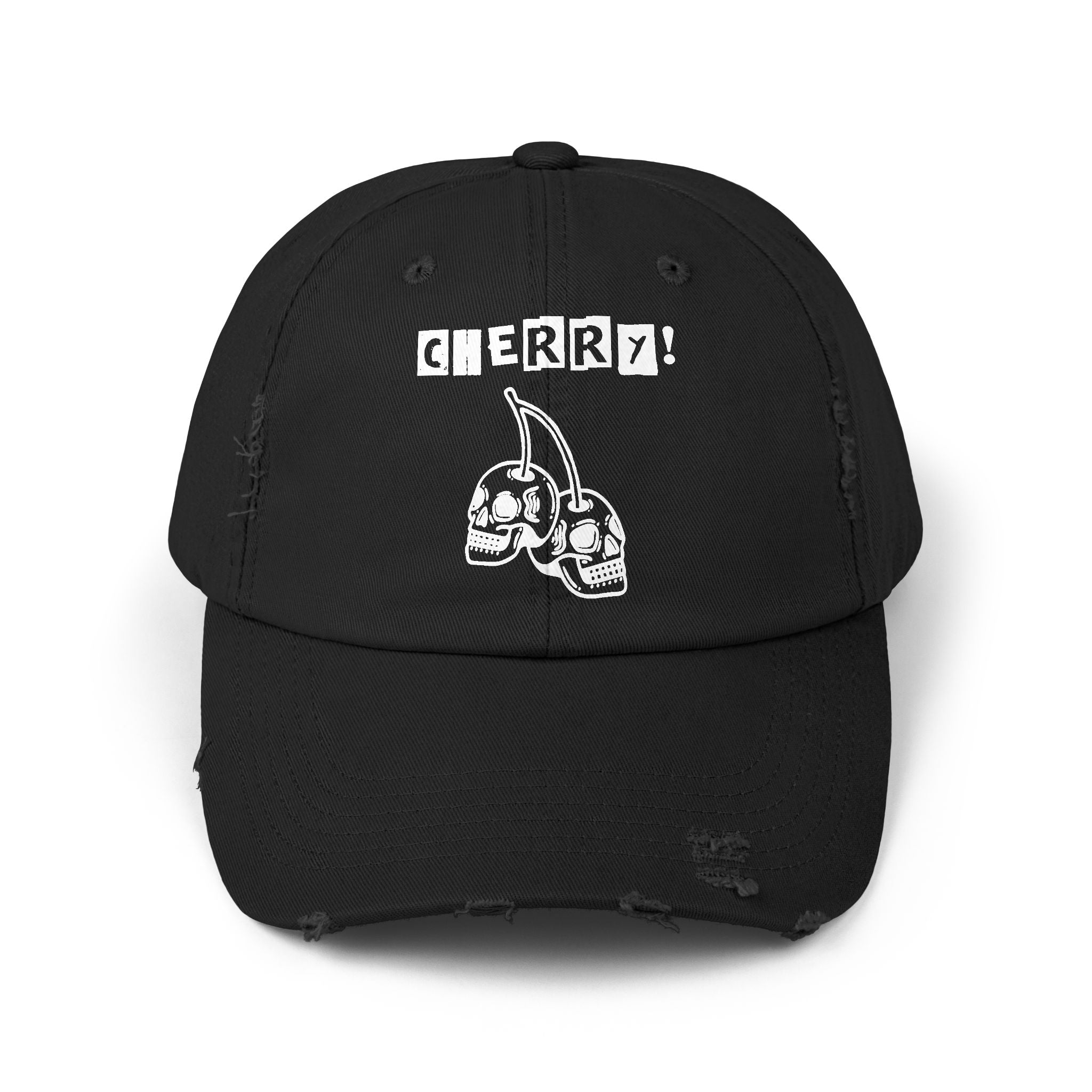 Distressed CHERRY! Skull Cap — Retro Grunge Dad Hat with "CHERRY!" Graphic