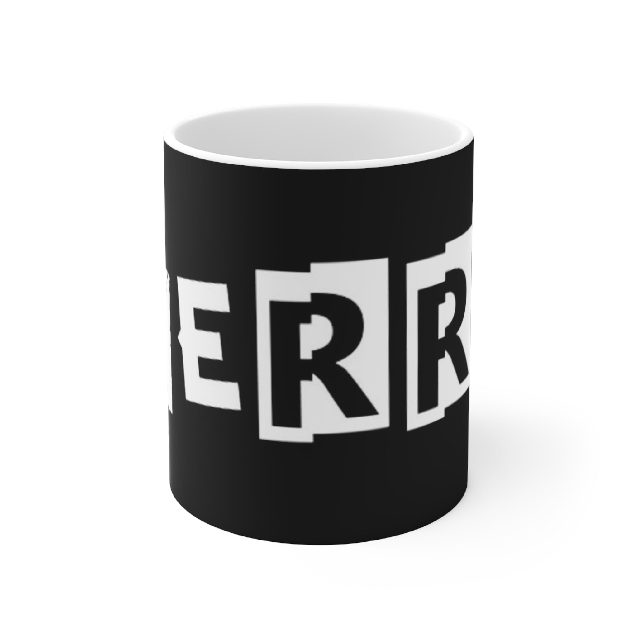 CHERRY! Mug — Black 11oz Coffee Cup with Block Letter Design