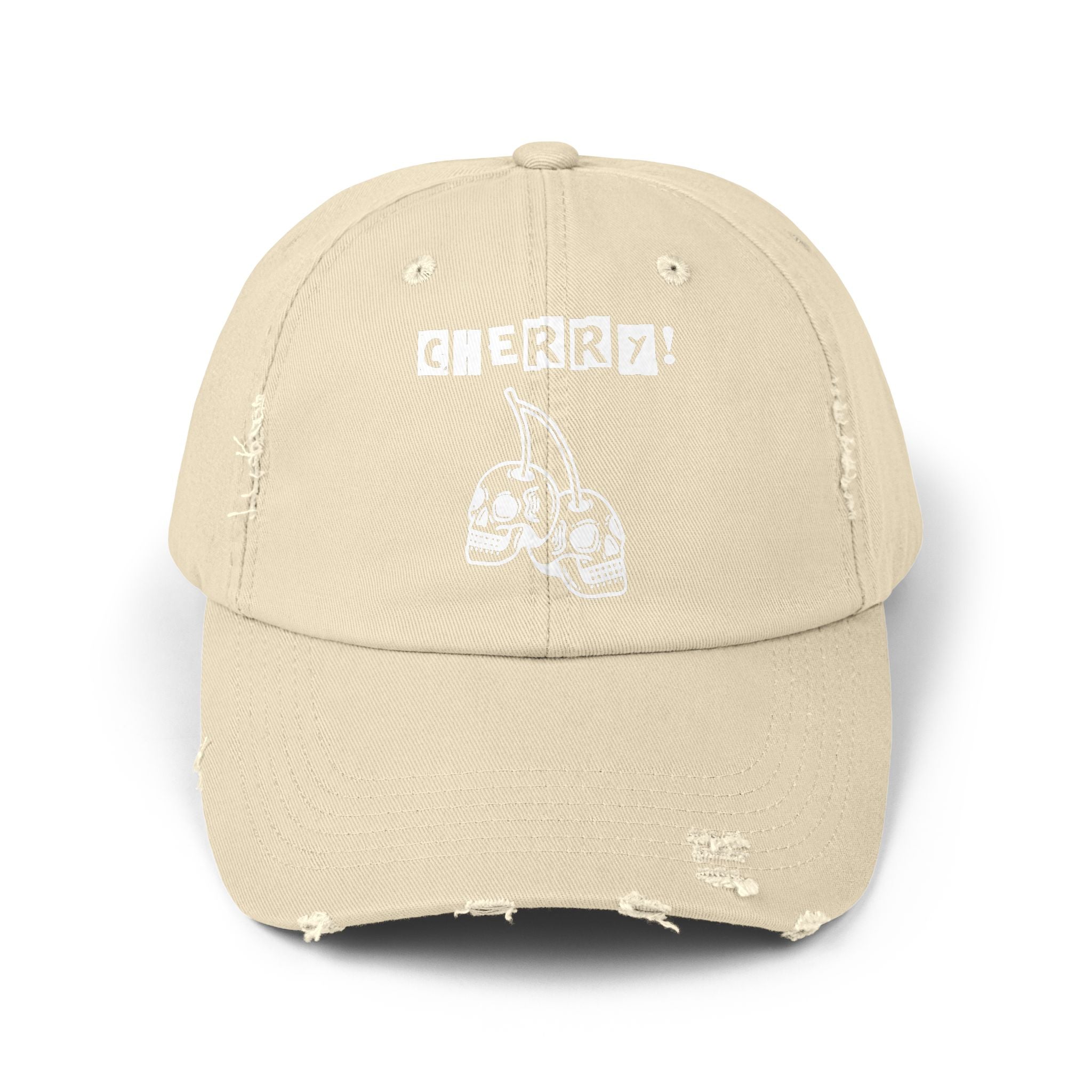 Distressed CHERRY! Skull Cap — Retro Grunge Dad Hat with "CHERRY!" Graphic